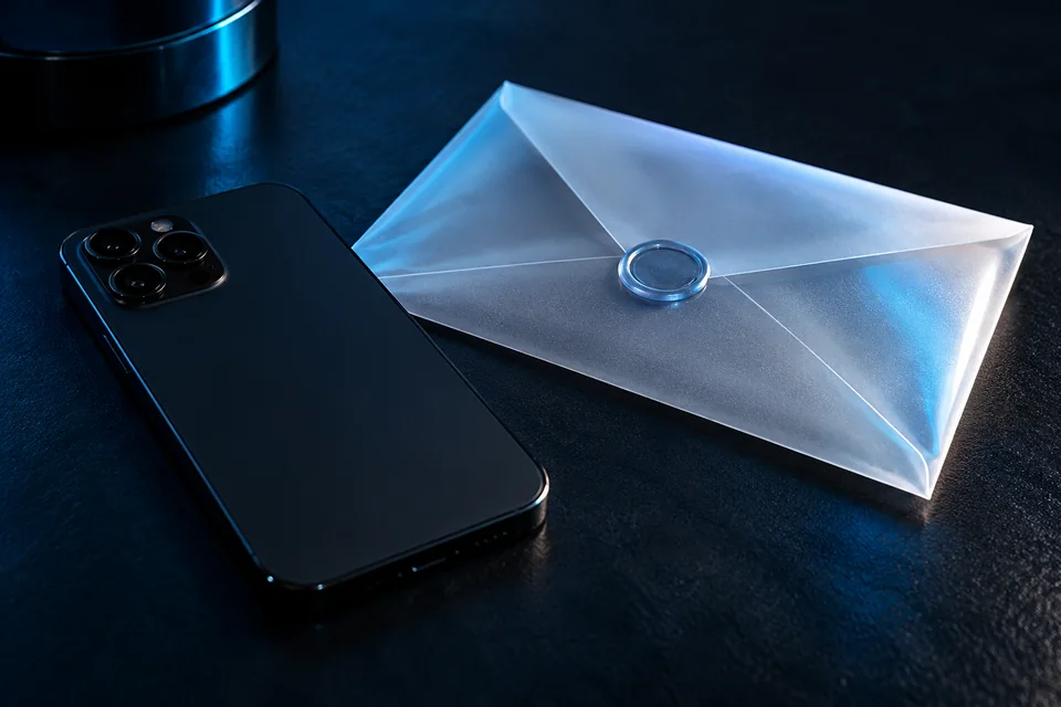 Kapalı zarfın yanındaki ekranı aşağı dönük telefon; temsili bilgi güvenliği görseli