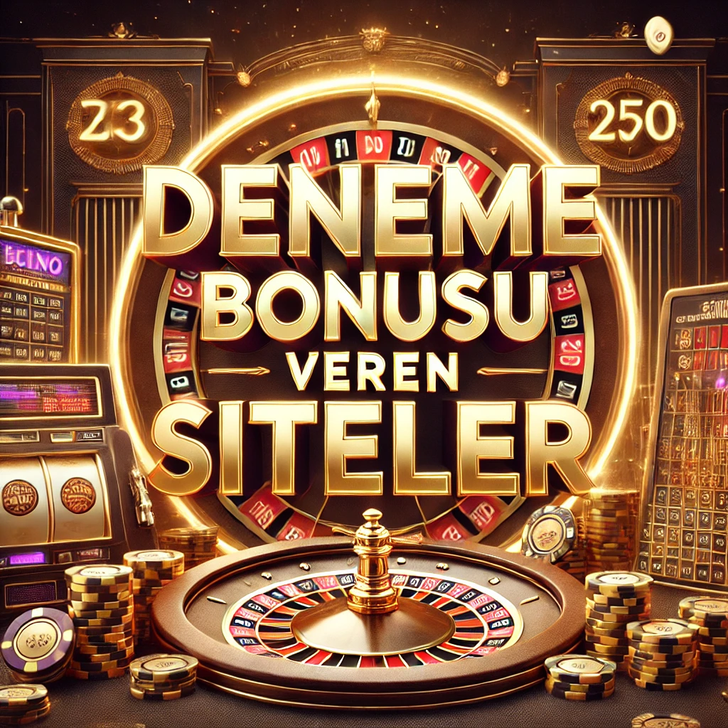 Deneme Bonusu Veren Siteler" yazılı, lüks bir casino atmosferinde ışıklı rulet çarkı, poker fişleri ve büyük ödüllü bir slot makinesi.