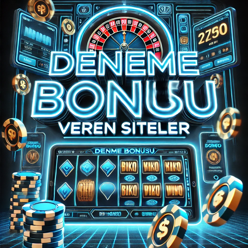 Deneme Bonusu Veren Siteler" yazılı, neon mavi ve siyah tonlarında tasarlanmış, dijital poker fişleri, kazanç gösteren slot makinesi ve havada süzülen altın paralar içeren modern bir tasarım.