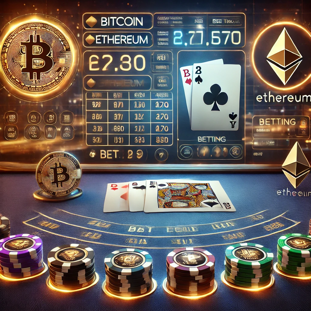 Online blackjack oyununda Bitcoin ve Ethereum ile bahis yapma seçenekleri, kazanan bir blackjack eli ve fütüristik dijital casino ortamı.