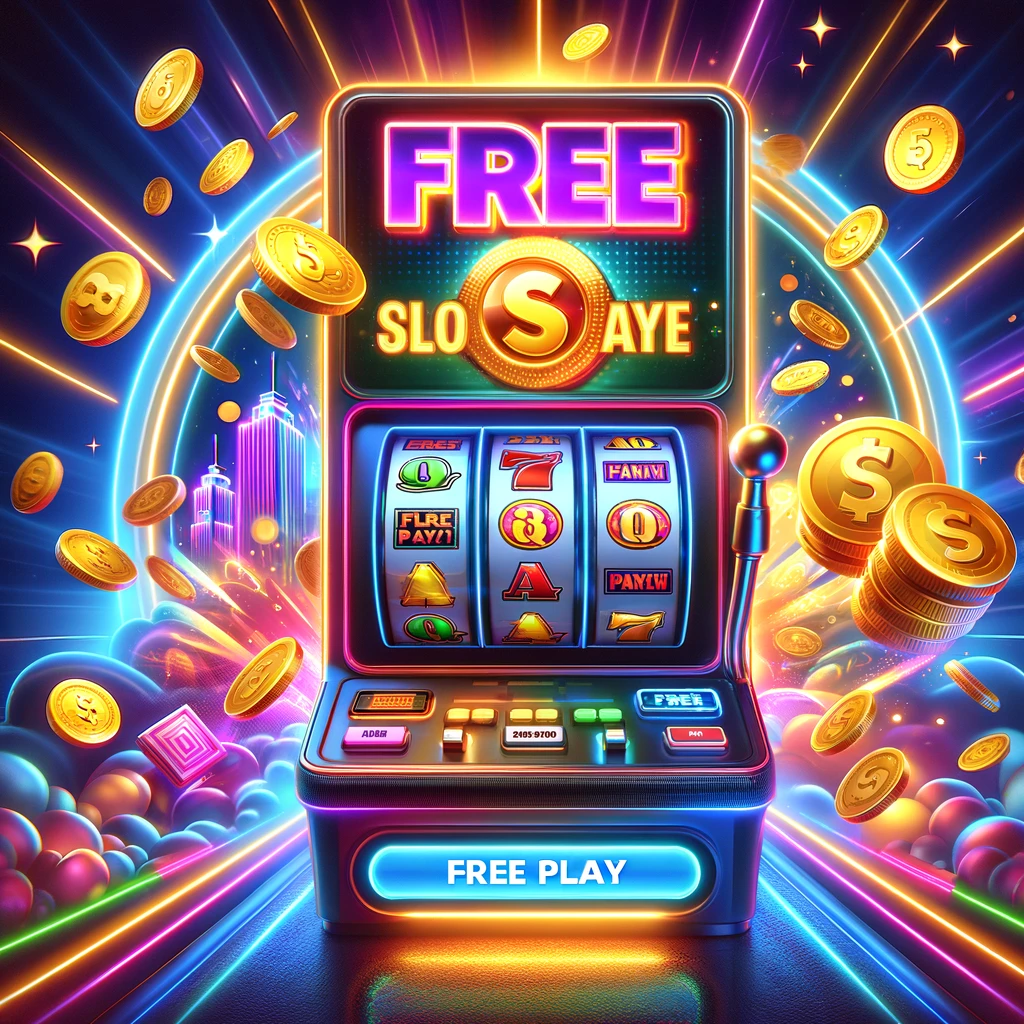 Online casino sahnesinde ücretsiz oynanabilir slot makinesi, altın paralar, kazanç animasyonları ve parlak neon ışıklar.