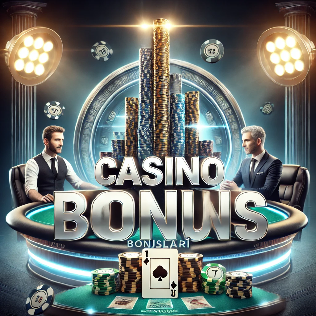 Gümüş harflerle yazılmış “Casino Bonusları” metni, yüksek bahisli poker masasındaki iki oyuncu, devasa poker fişi yığını ve kazanan eli aydınlatan dramatik bir spot ışığı içeren rekabetçi bir casino sahnesi.